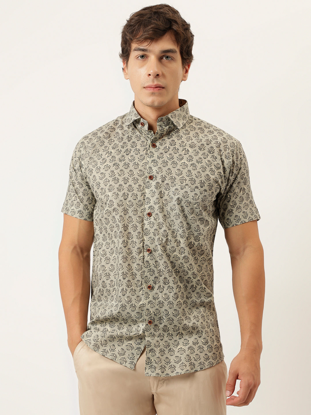 Green Printed Cotton Half Sleeve Shirts — view 1