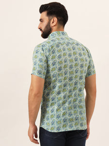 MILLENNIAL MEN Green Floral Print Pure Cotton Regular Fit Casual Shirt