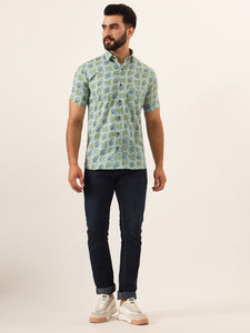 MILLENNIAL MEN Green Floral Print Pure Cotton Regular Fit Casual Shirt