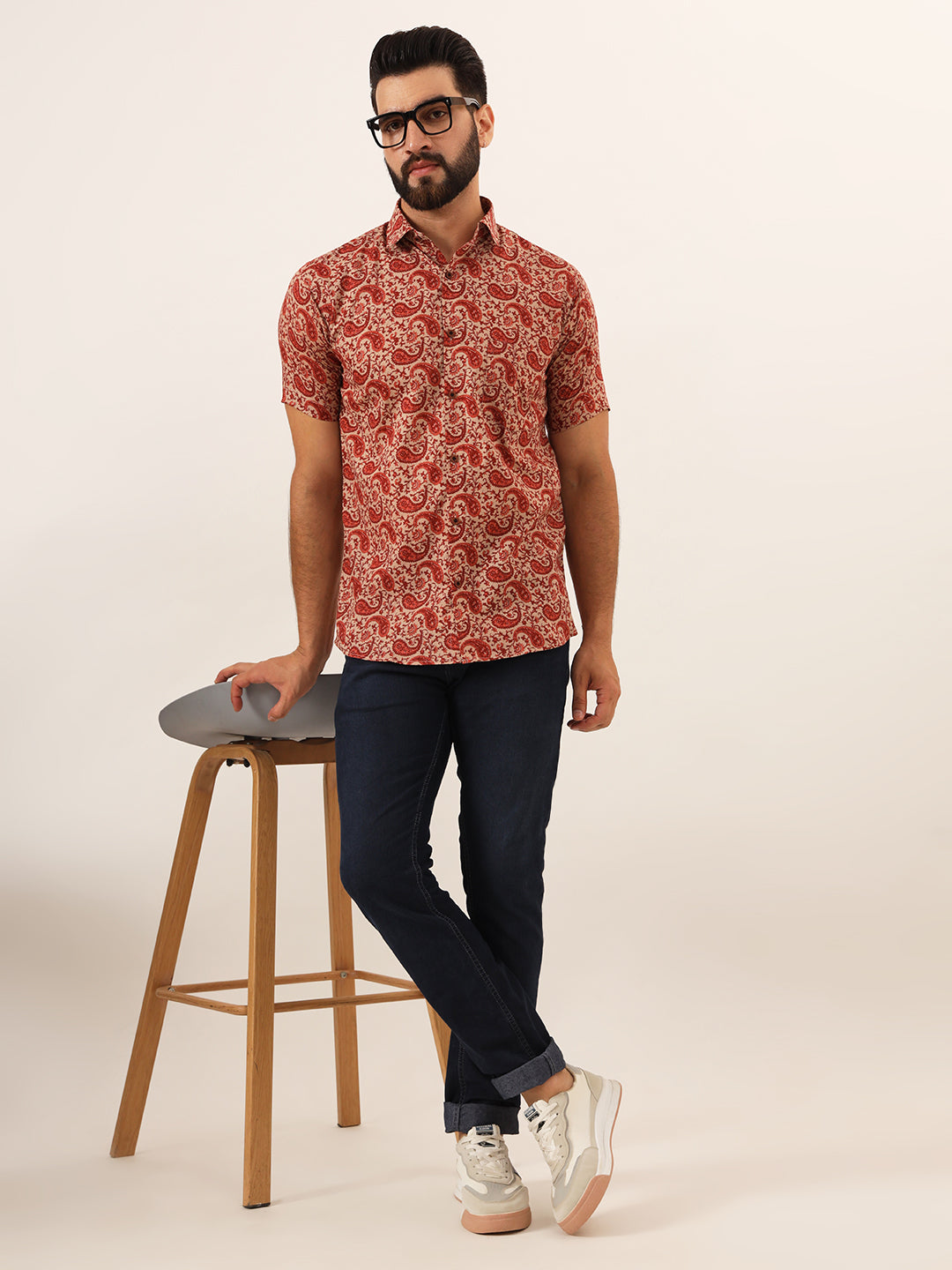 MILLENNIAL MEN Maroon Paisley Print Pure Cotton Regular Fit Casual Half Sleeve