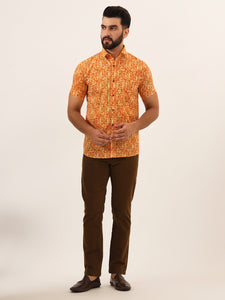 MILLENNIAL MEN Orange Paisley Print Pure Cotton Regular Fit Casual Half Sleeve