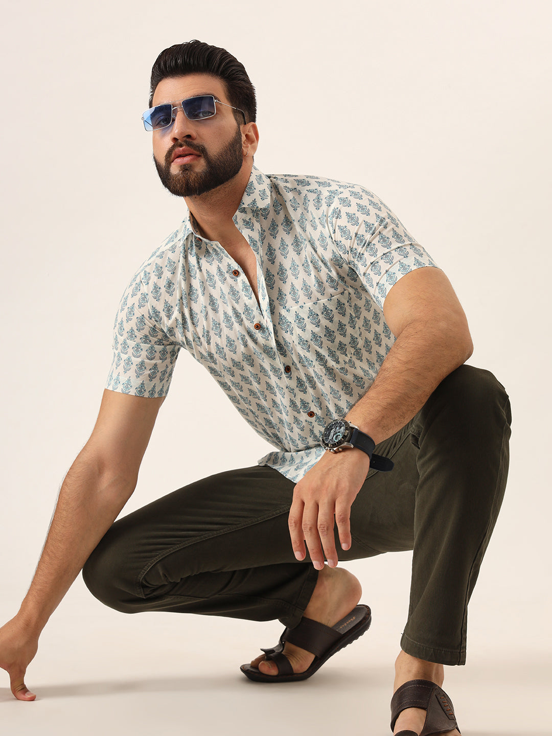 Sky Blue Geometric Pure Cotton Regular Fit Casual Shirt for Men — view 1