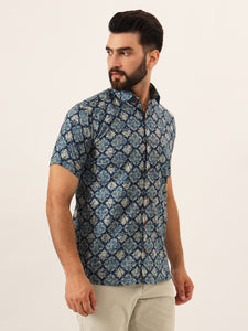 MILLENNIAL MEN Blue Geometric Pure Cotton Regular Fit Casual Half Sleeve Shirt