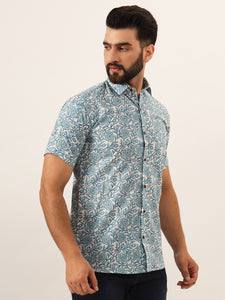 MILLENNIAL MEN Sky Blue Floral Print Pure Cotton Regular Fit Casual Shirt