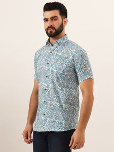 MILLENNIAL MEN Sky Blue Floral Print Pure Cotton Regular Fit Casual Shirt