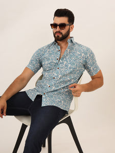 MILLENNIAL MEN Sky Blue Floral Print Pure Cotton Regular Fit Casual Shirt