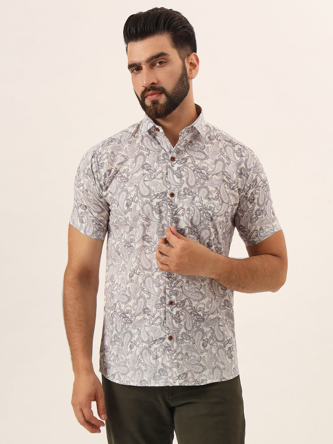 Lavender Paisley Print Pure Cotton Regular Fit Casual Shirt — view 1