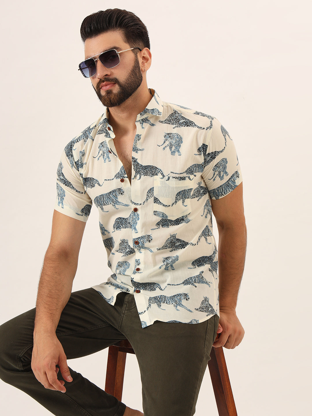 White blue Tiger Print Pure Cotton Regular Fit Casual Shirt — view 1