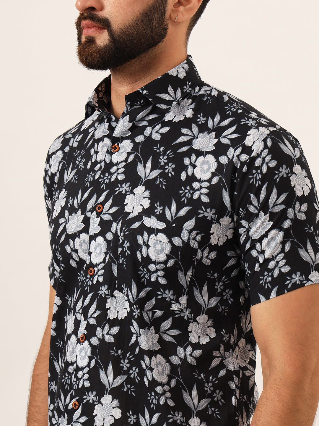 MILLENNIAL MEN Black Floral Print Pure Cotton Regular Fit Casual Shirt