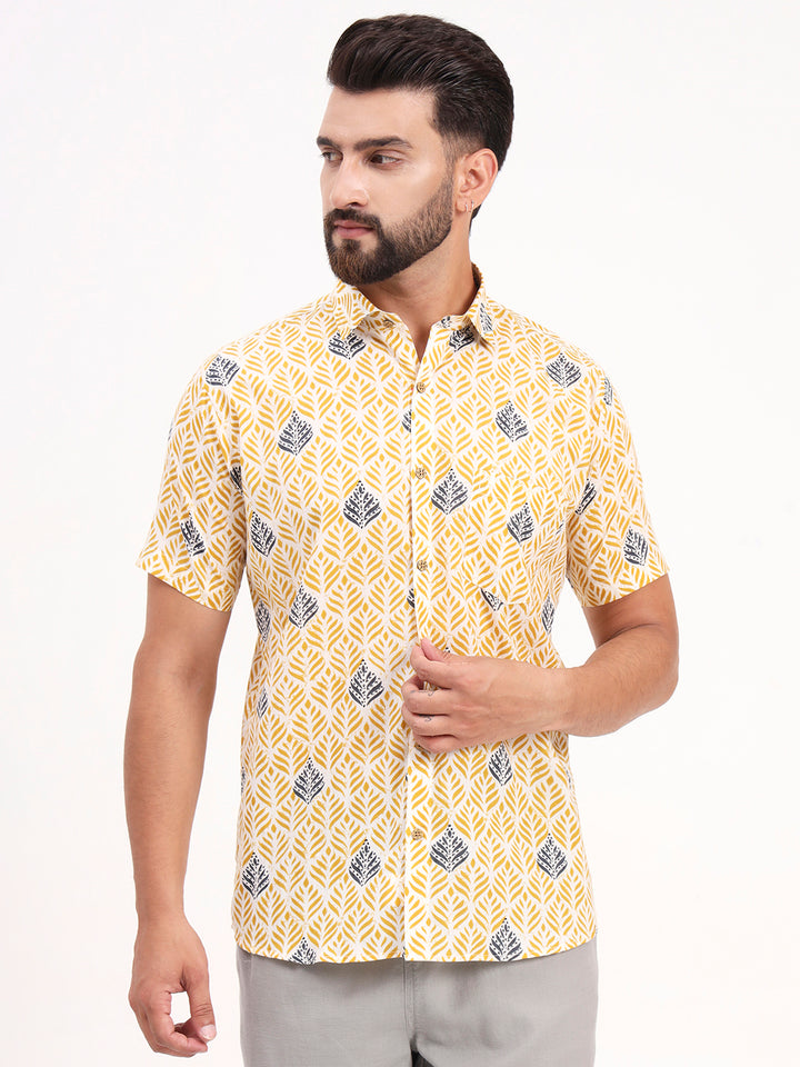 MILLENNIAL MEN Yellow Floral Printed Half Sleeves Shirt