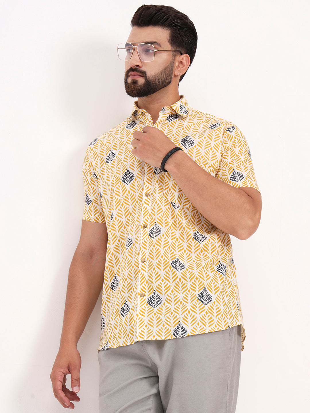 Yellow Floral Printed Half Sleeves Shirt — view 1