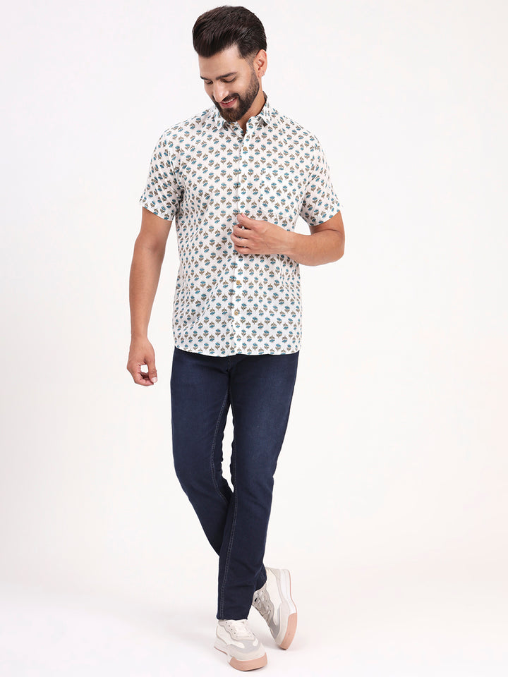 MILLENNIAL MEN White Floral Printed Half Sleeves Shirt