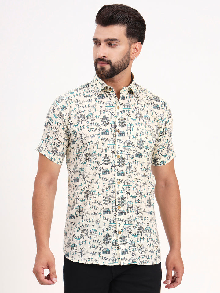 MILLENNIAL MEN Cream Abstract Printed Half Sleeves Shirt