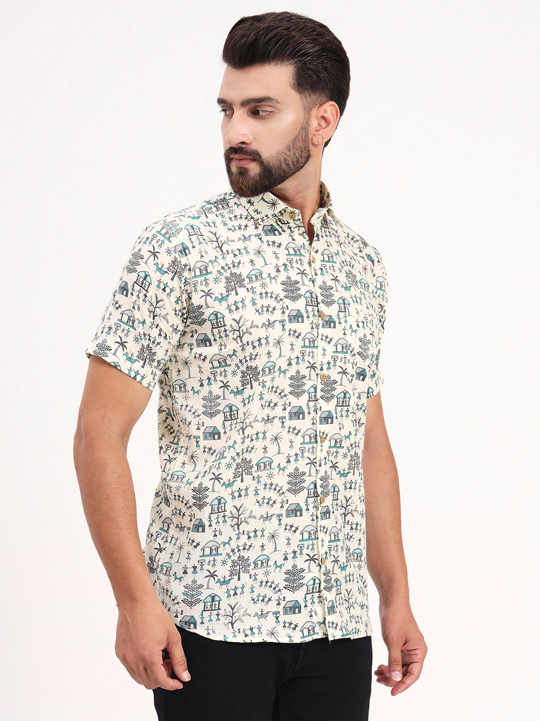 MILLENNIAL MEN Cream Abstract Printed Half Sleeves Shirt
