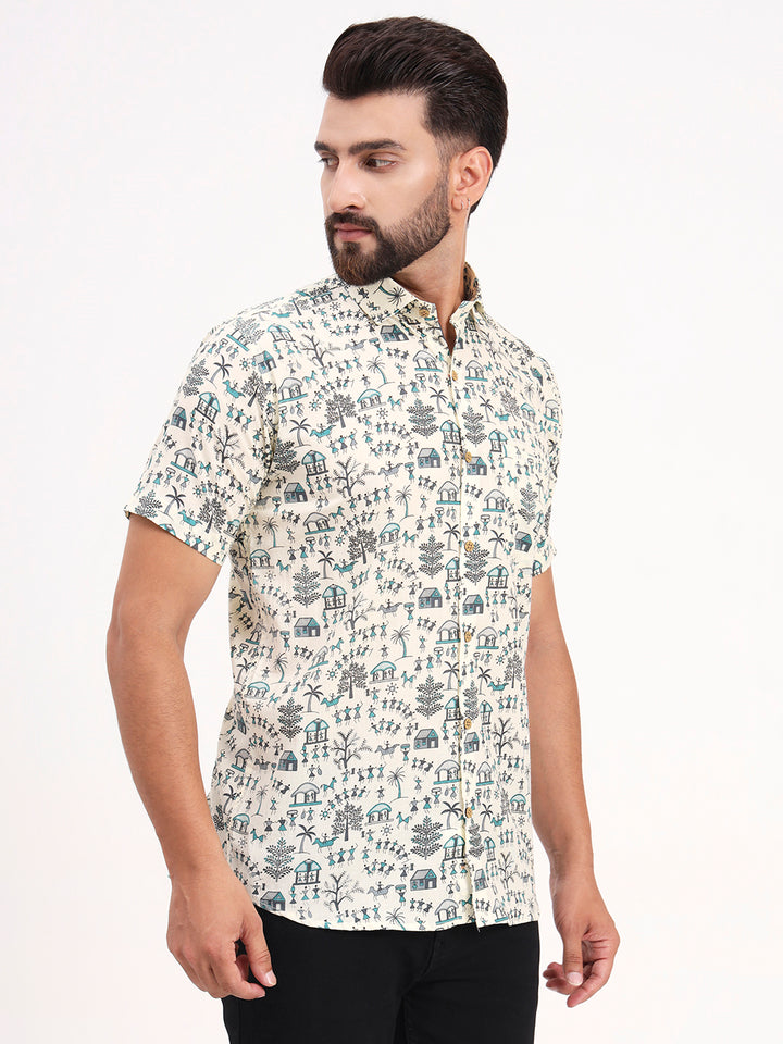 MILLENNIAL MEN Cream Abstract Printed Half Sleeves Shirt