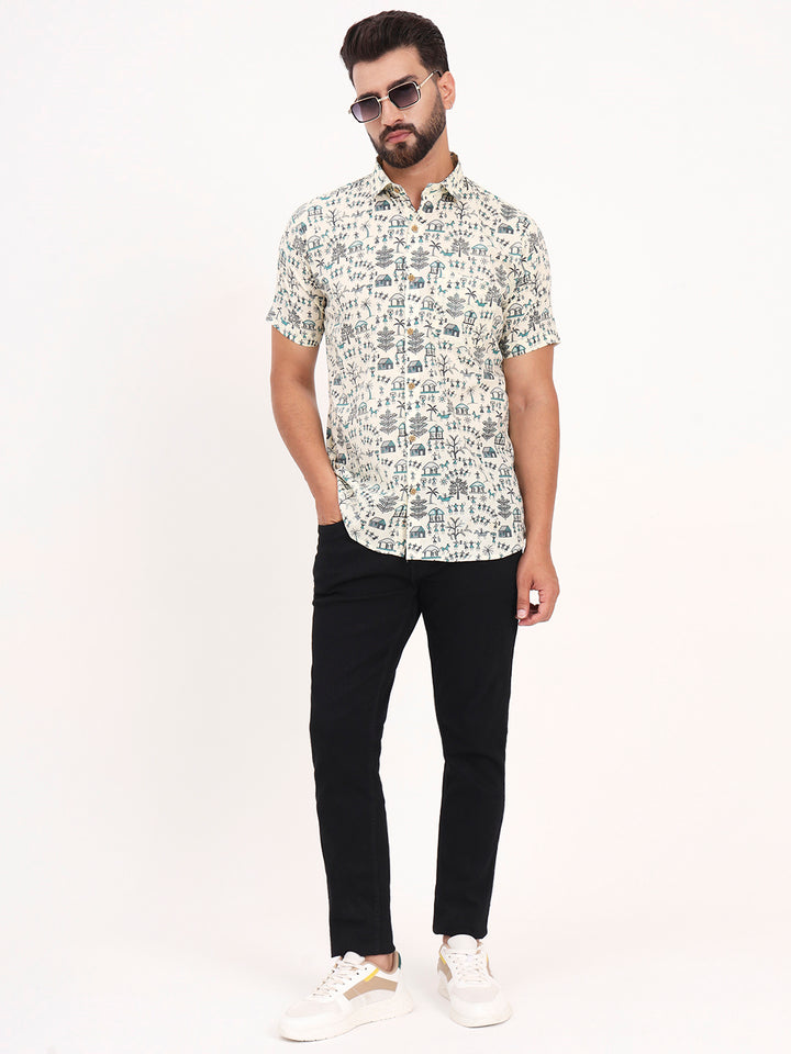 MILLENNIAL MEN Cream Abstract Printed Half Sleeves Shirt