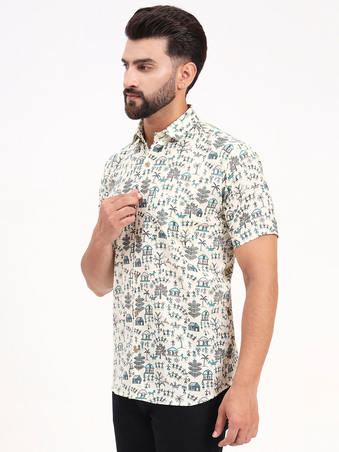 MILLENNIAL MEN Cream Abstract Printed Half Sleeves Shirt