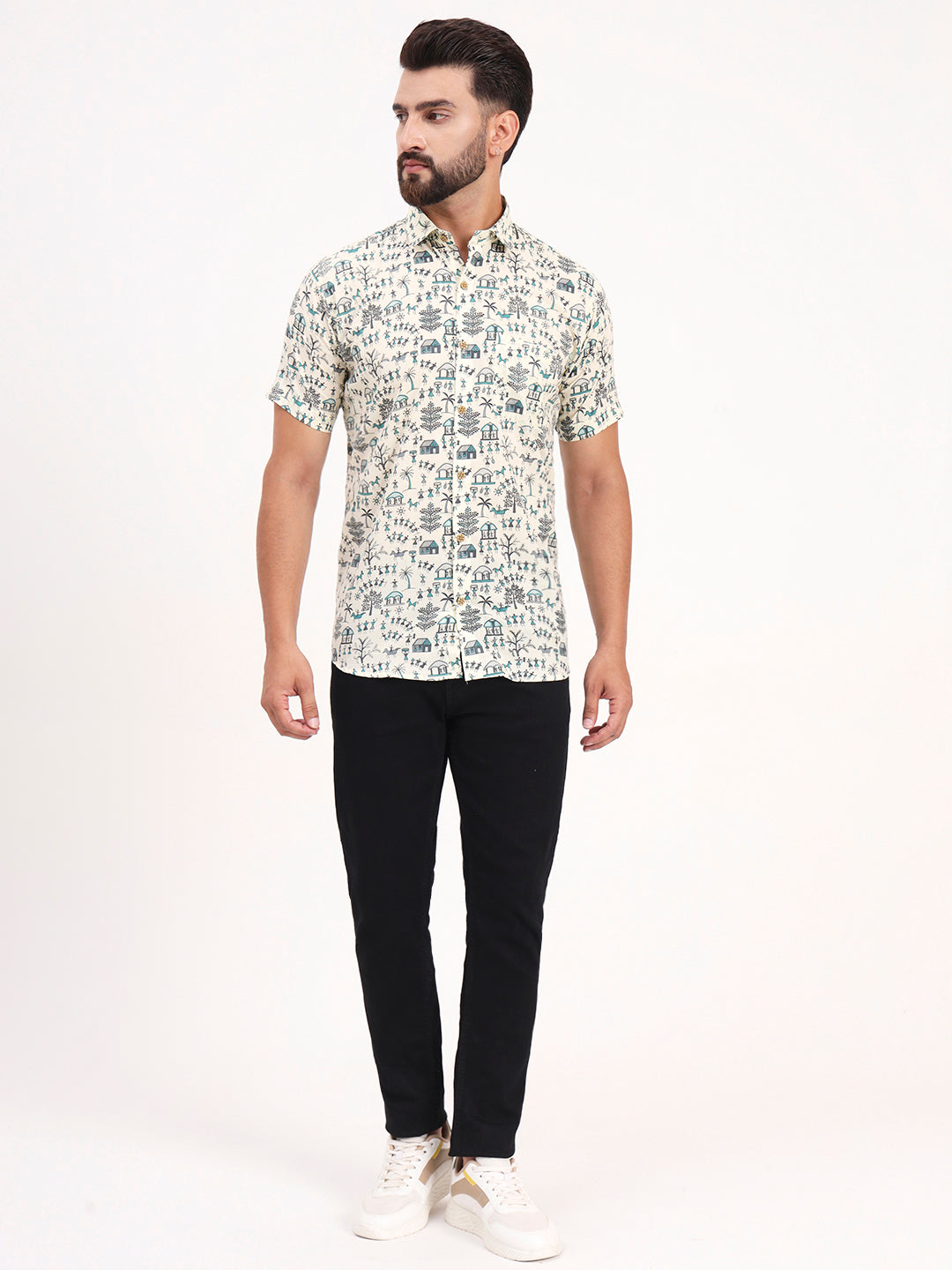 MILLENNIAL MEN Cream Abstract Printed Half Sleeves Shirt
