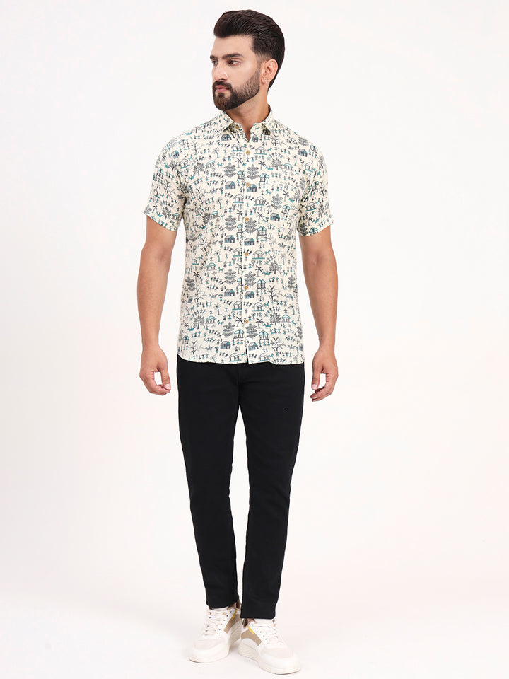 MILLENNIAL MEN Cream Abstract Printed Half Sleeves Shirt