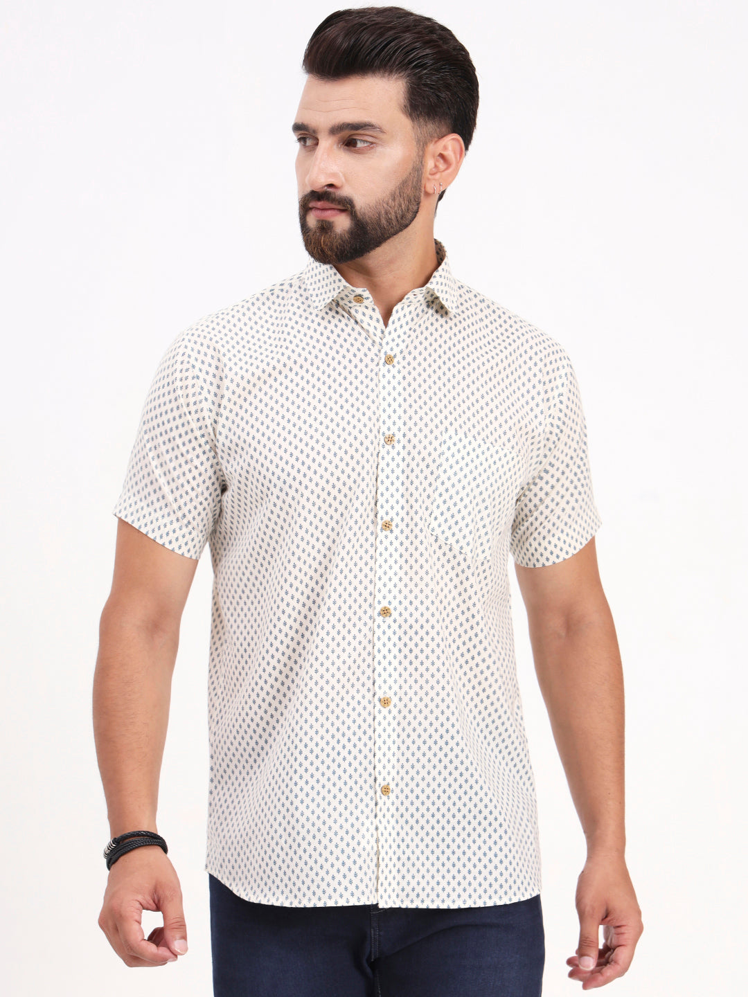 Off White Floral Printed Half Sleeves Shirt — view 1