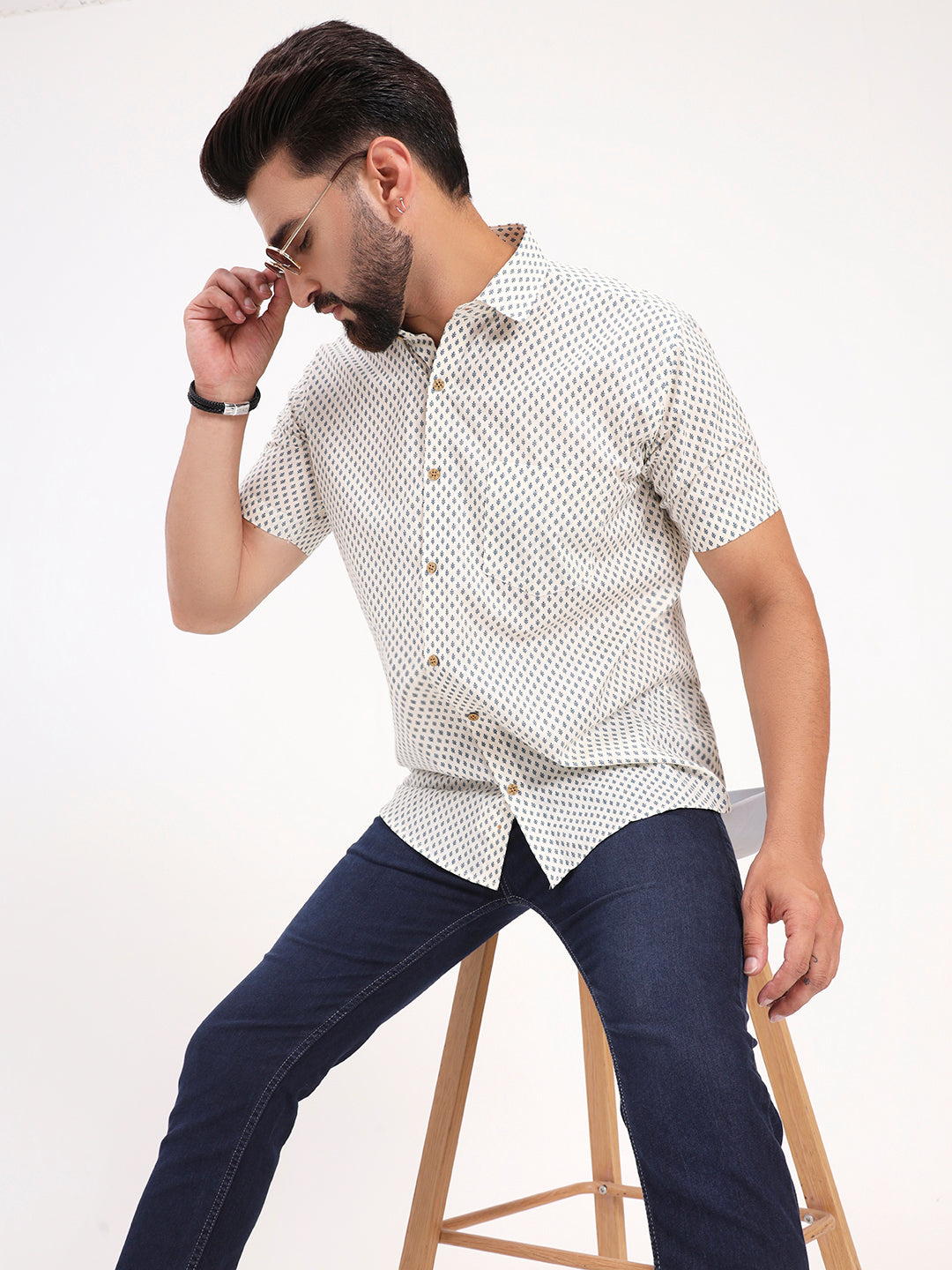 MILLENNIAL MEN Off White Floral Printed Half Sleeves Shirt