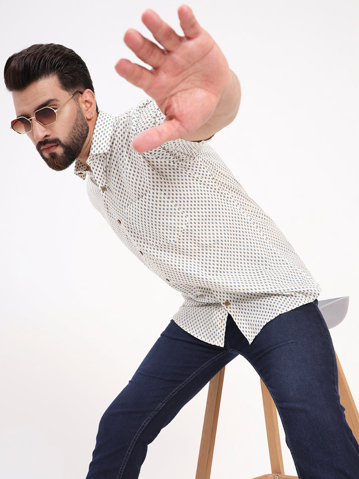 MILLENNIAL MEN Off White Floral Printed Half Sleeves Shirt