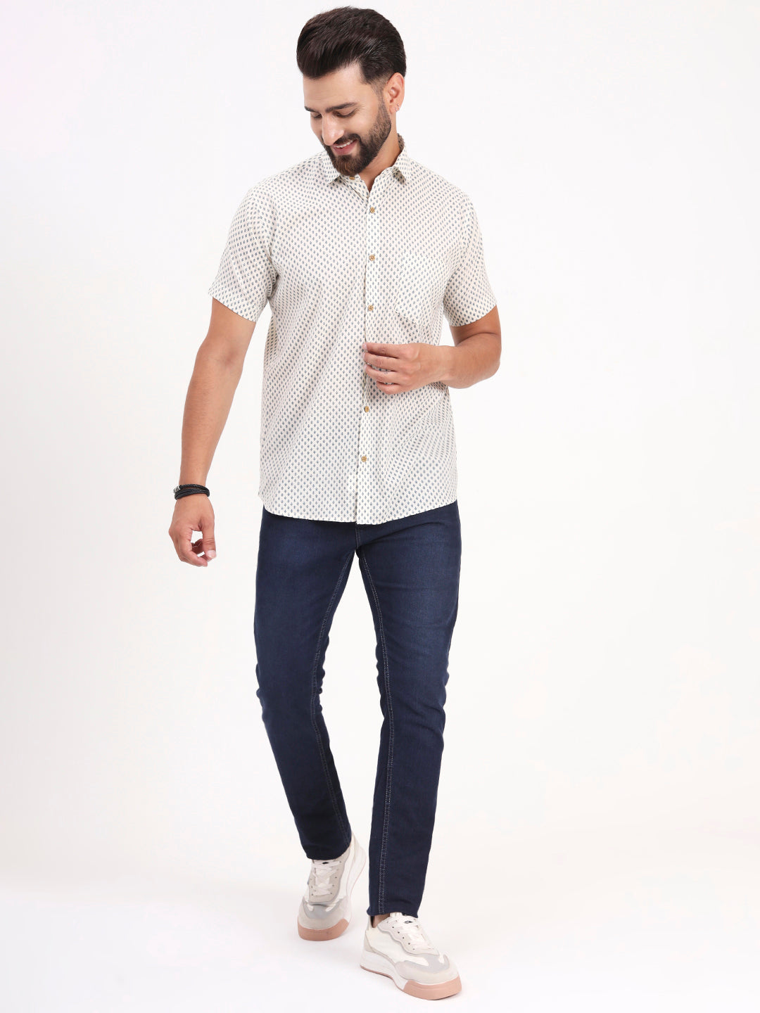 MILLENNIAL MEN Off White Floral Printed Half Sleeves Shirt