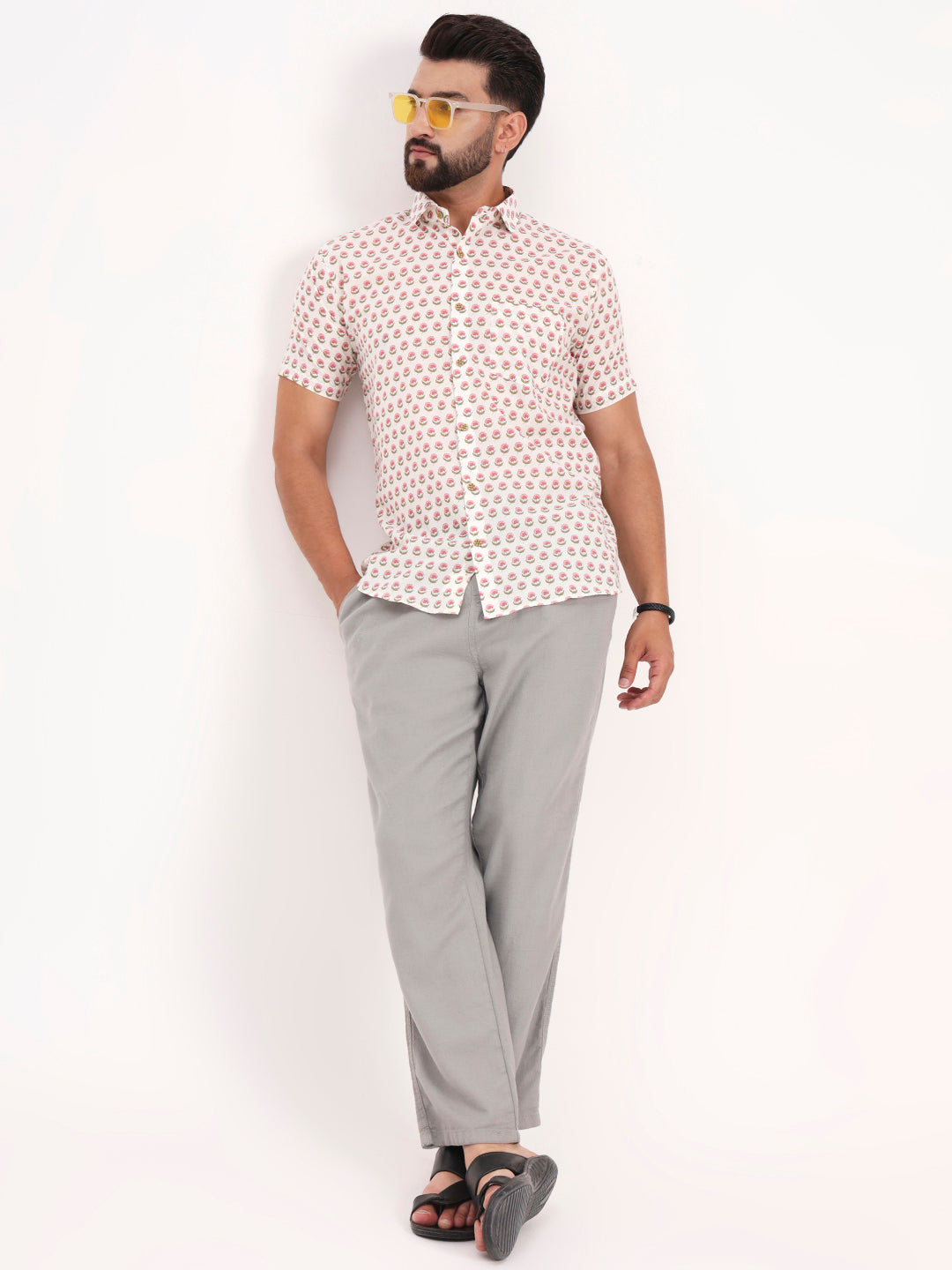 MILLENNIAL MEN White Floral Printed Half Sleeves Shirt