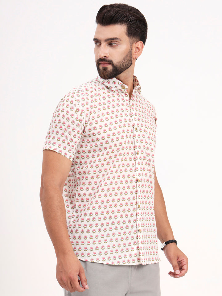 MILLENNIAL MEN White Floral Printed Half Sleeves Shirt