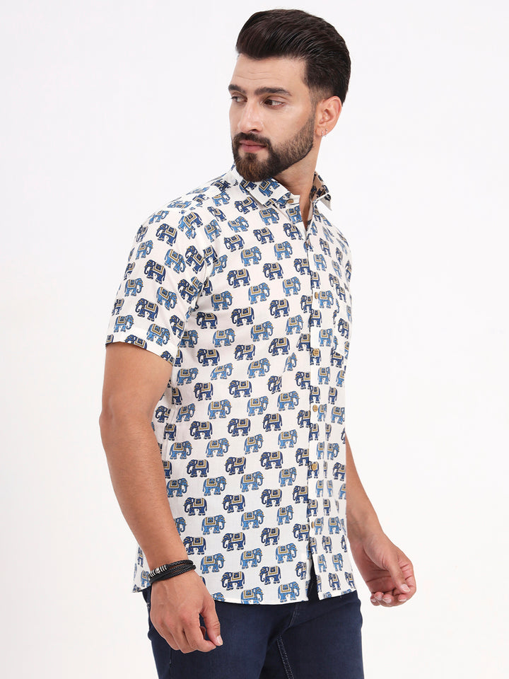 MILLENNIAL MEN White Animal Printed Half Sleeves Shirt