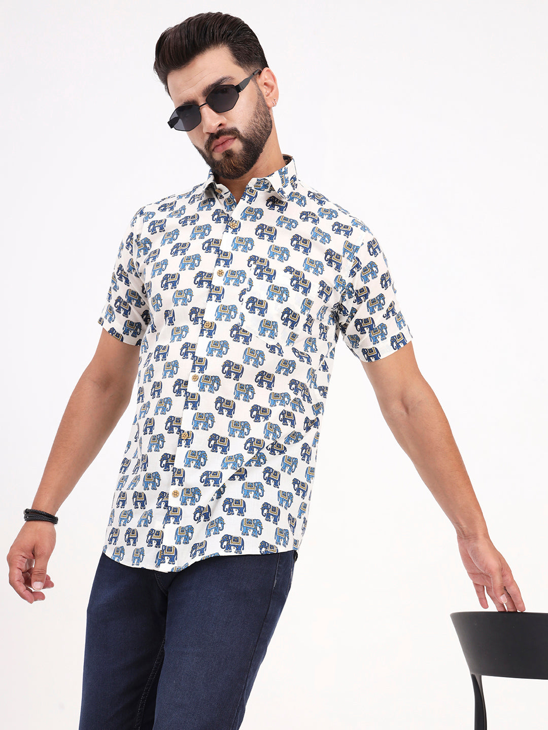MILLENNIAL MEN White Animal Printed Half Sleeves Shirt