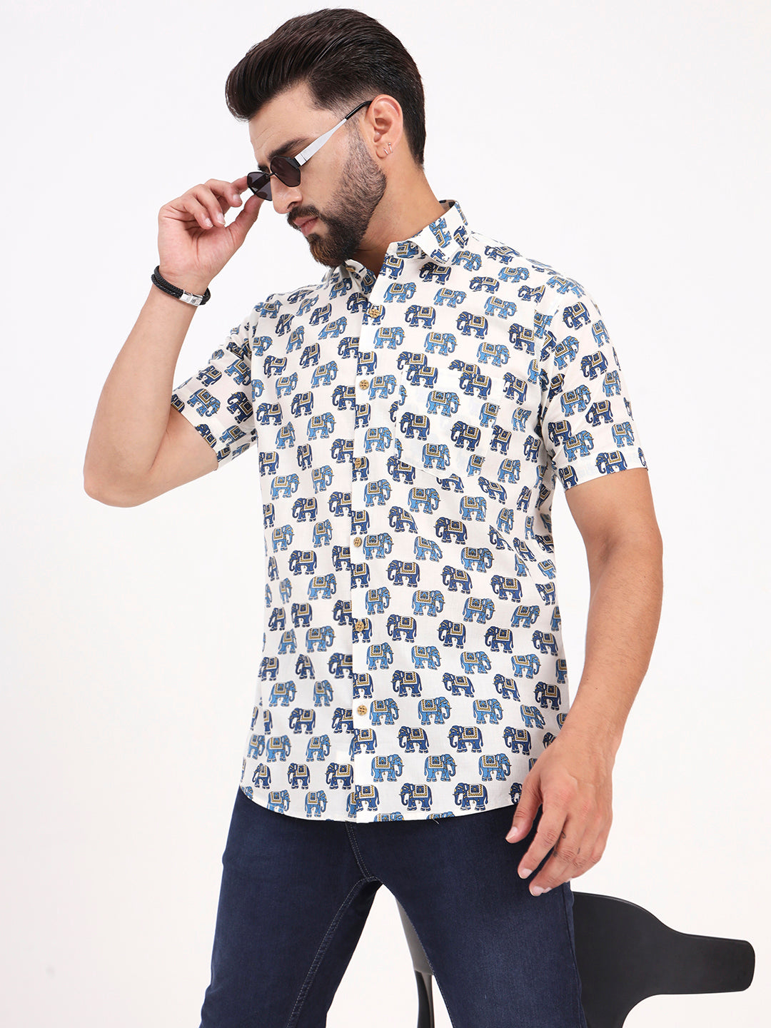 MILLENNIAL MEN White Animal Printed Half Sleeves Shirt