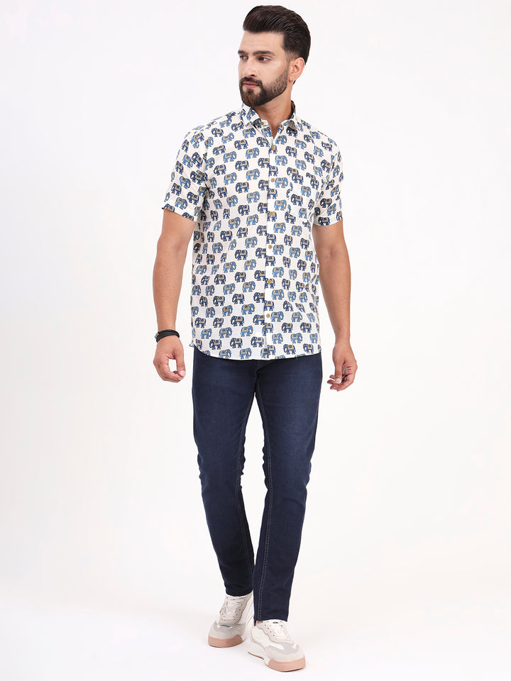 MILLENNIAL MEN White Animal Printed Half Sleeves Shirt