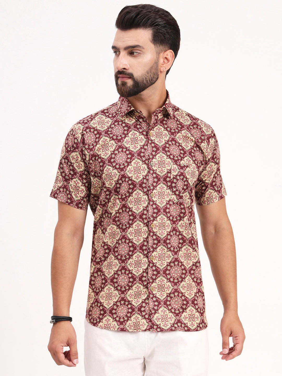 Maroon Floral Printed Half Sleeves Shirt — view 1