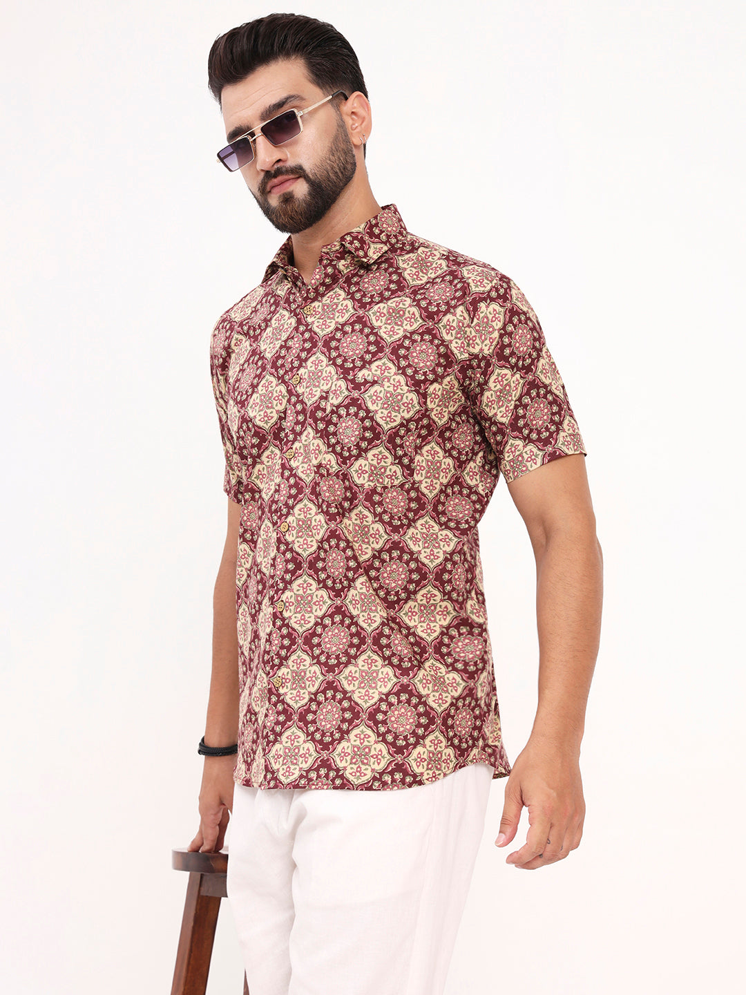 MILLENNIAL MEN Maroon Floral Printed Half Sleeves Shirt
