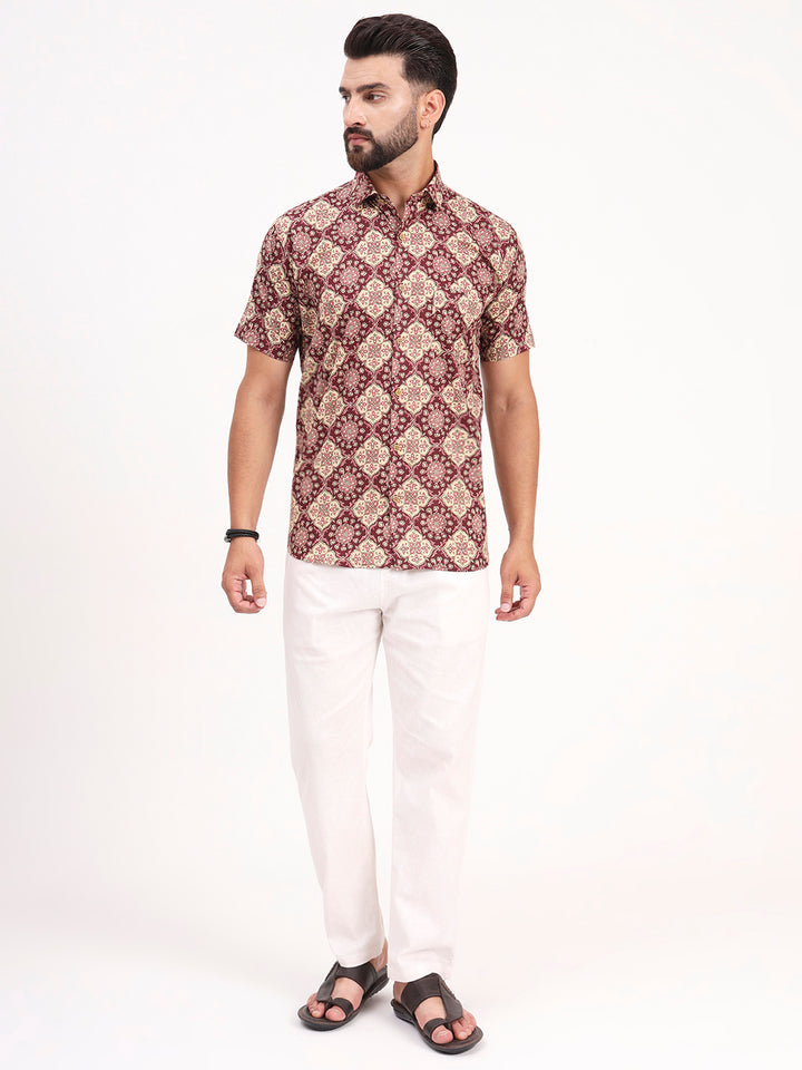 MILLENNIAL MEN Maroon Floral Printed Half Sleeves Shirt