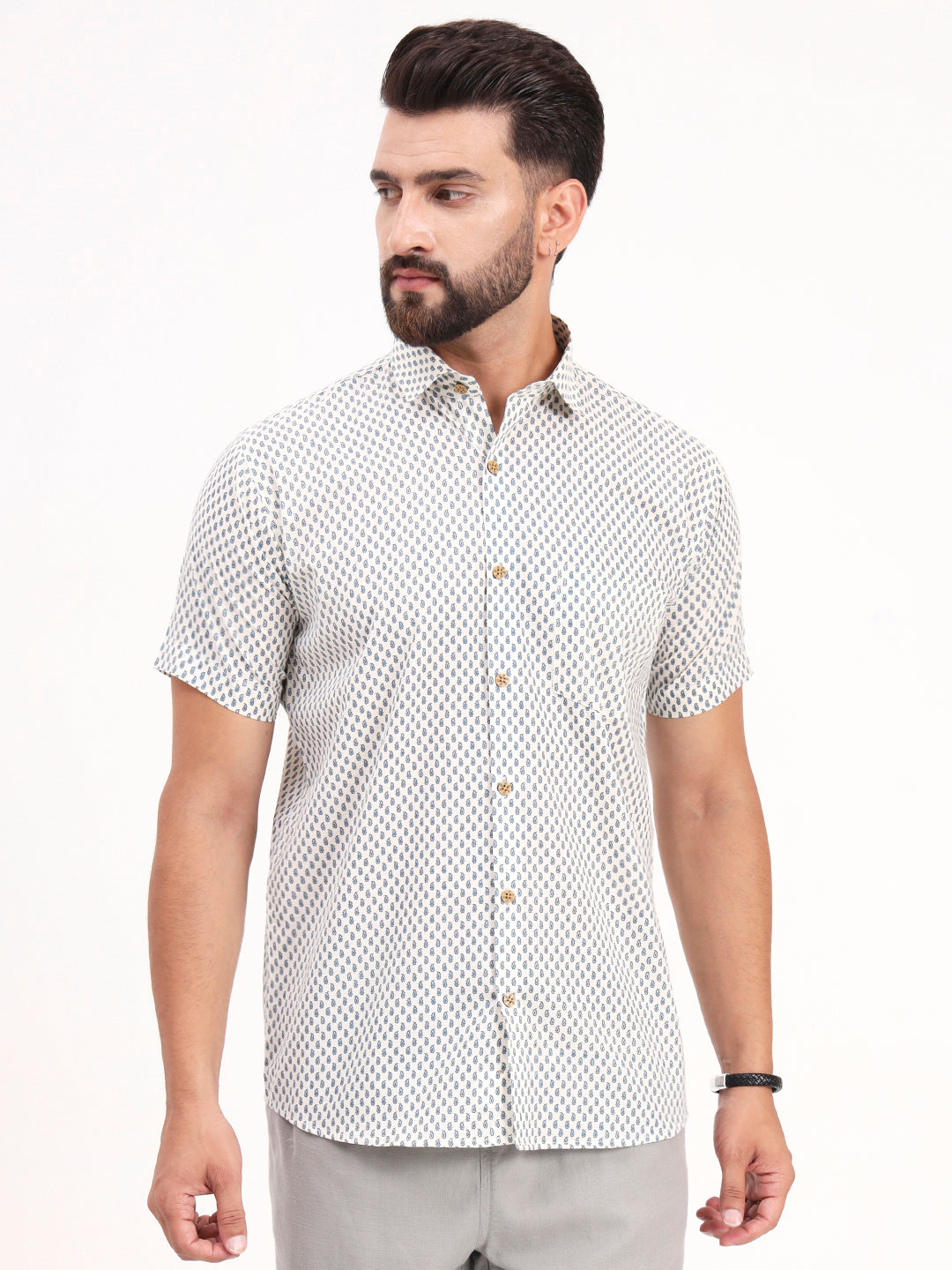 White Paisley Printed Half Sleeves Shirt — view 1