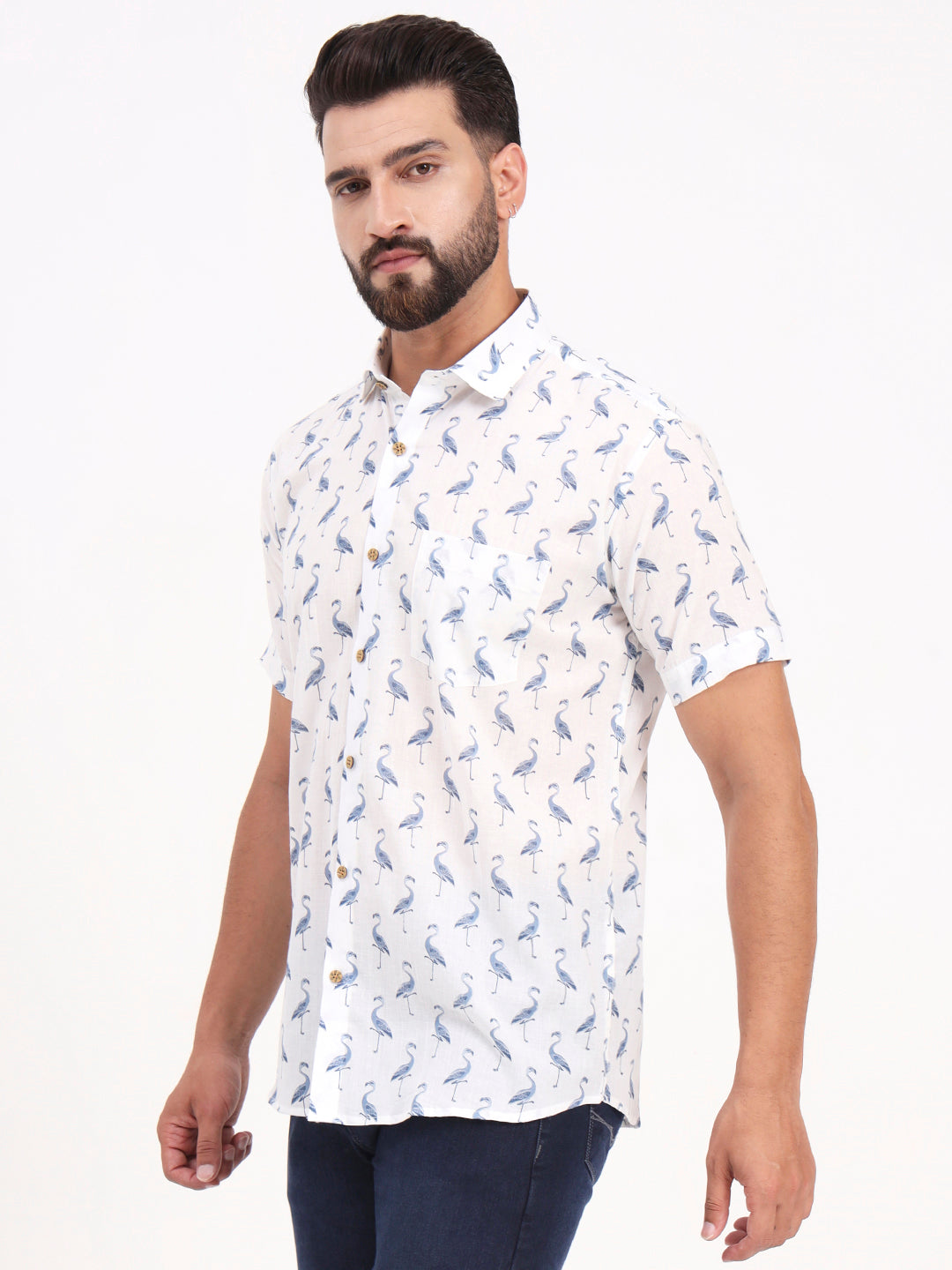 MILLENNIAL MEN White Animal Printed Half Sleeves Shirt