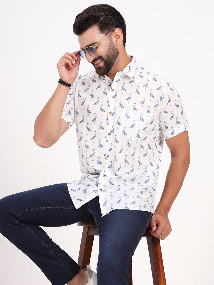 MILLENNIAL MEN White Animal Printed Half Sleeves Shirt