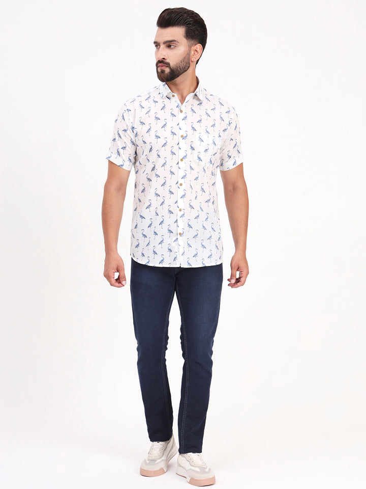MILLENNIAL MEN White Animal Printed Half Sleeves Shirt