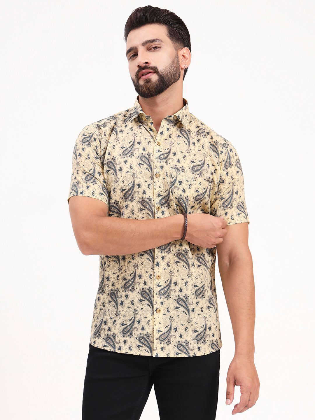 Beige Paisley Printed Half Sleeves Shirt — view 1