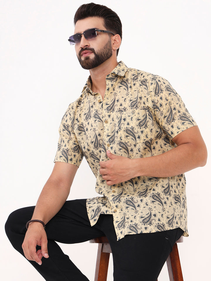 MILLENNIAL MEN Beige Paisley Printed Half Sleeves Shirt