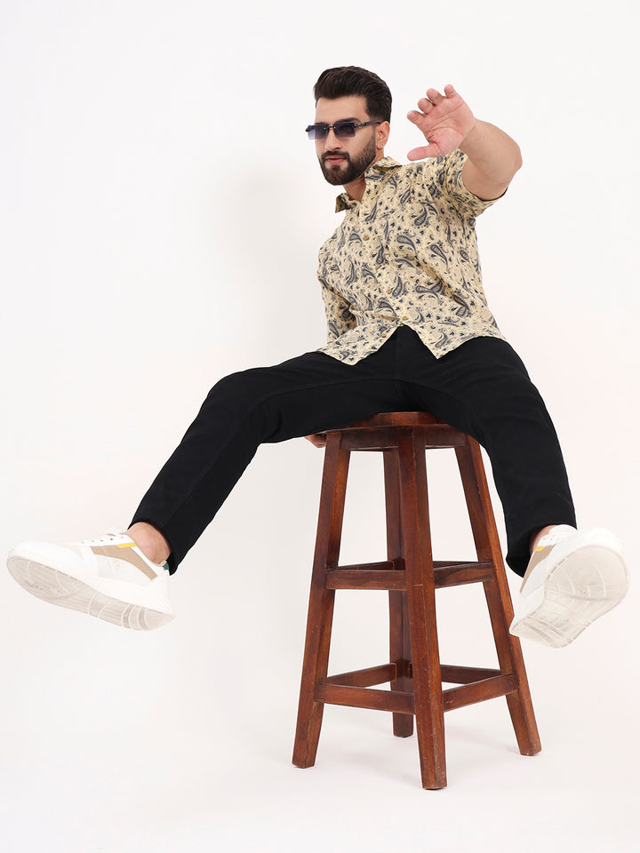 MILLENNIAL MEN Beige Paisley Printed Half Sleeves Shirt