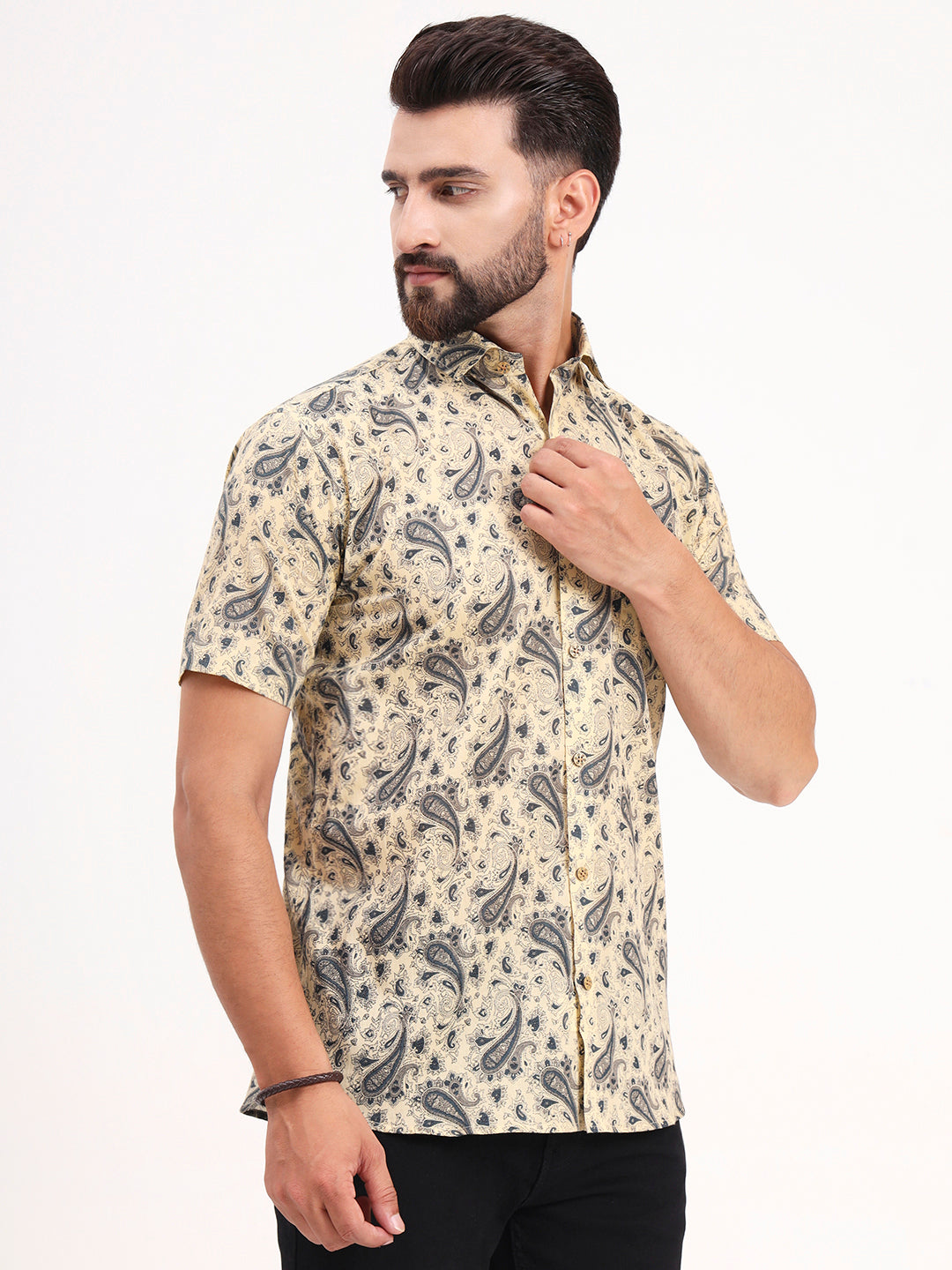 MILLENNIAL MEN Beige Paisley Printed Half Sleeves Shirt