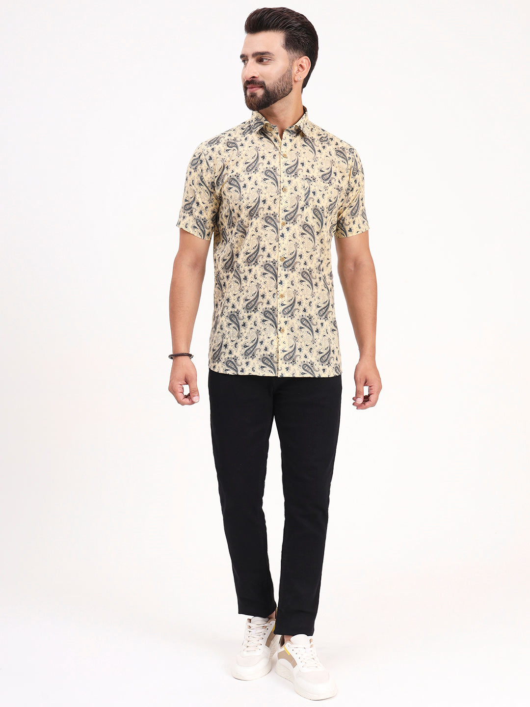 MILLENNIAL MEN Beige Paisley Printed Half Sleeves Shirt
