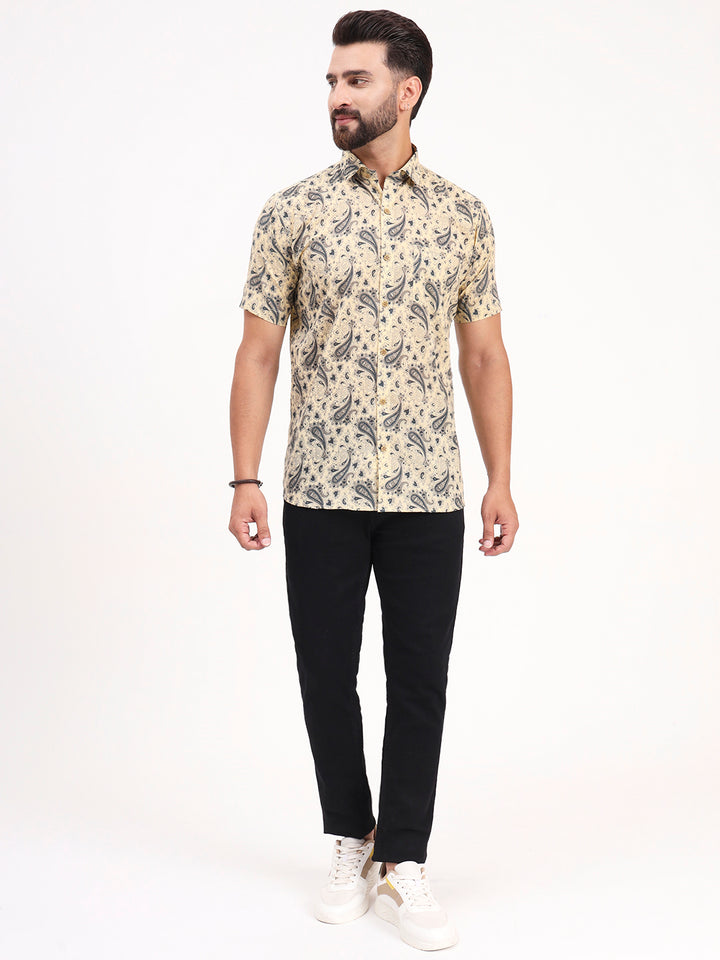 MILLENNIAL MEN Beige Paisley Printed Half Sleeves Shirt