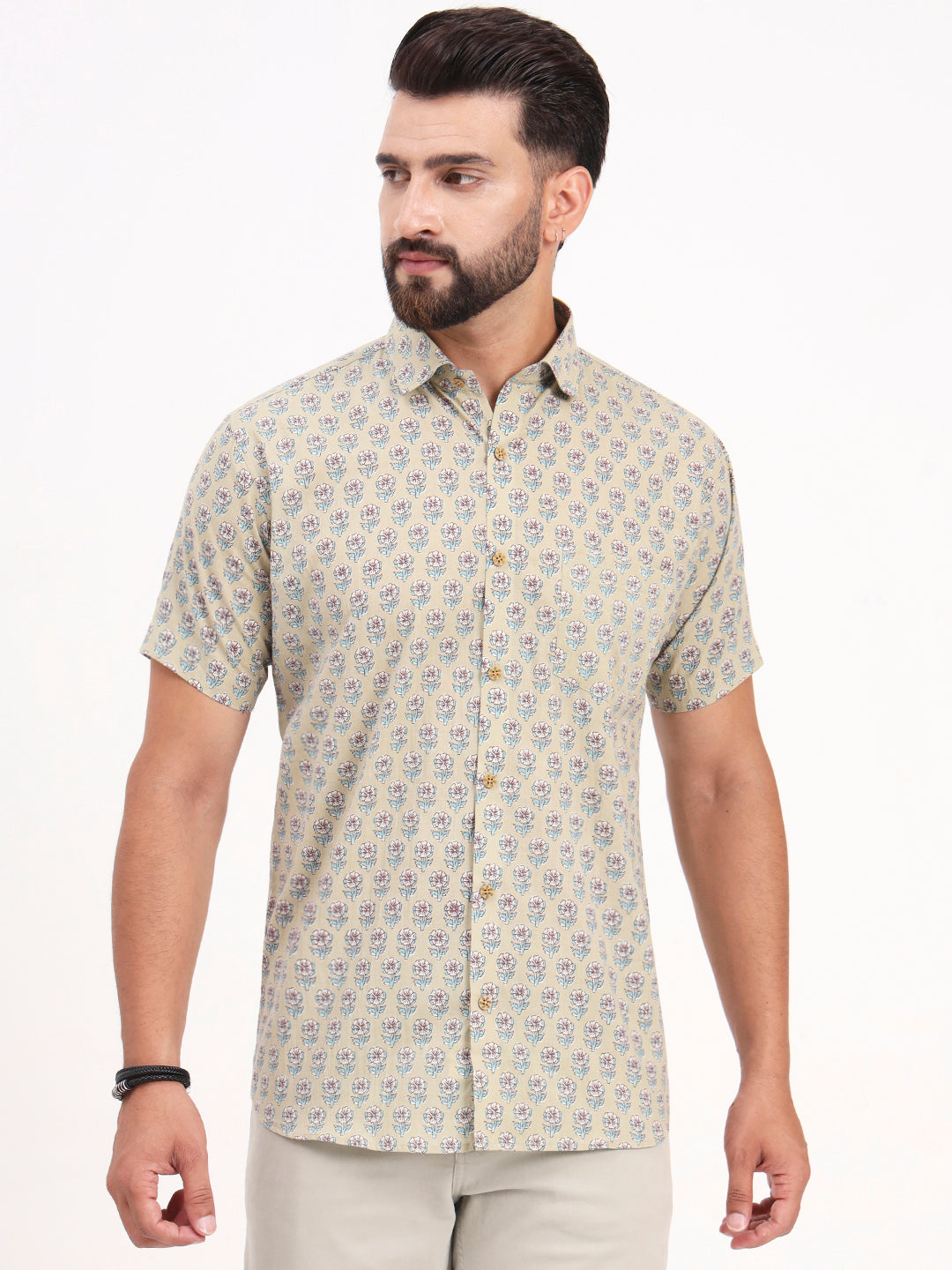Light Green Floral Printed Half Sleeves Shirt — view 1
