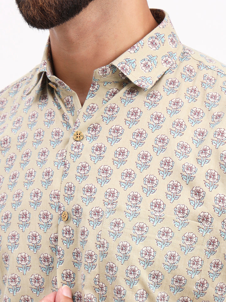 MILLENNIAL MEN Light Green Floral Printed Half Sleeves Shirt