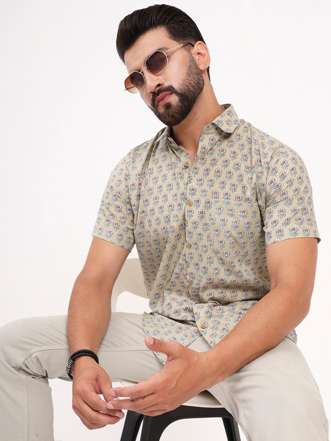 MILLENNIAL MEN Light Green Floral Printed Half Sleeves Shirt