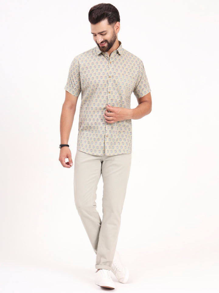 MILLENNIAL MEN Light Green Floral Printed Half Sleeves Shirt